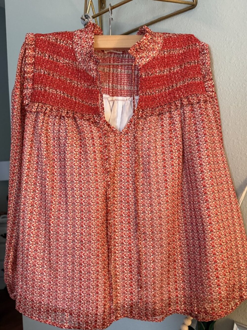 Jodifl Rust Red Boho Print Blouse w/ Metallic Threading NWOT - Size L